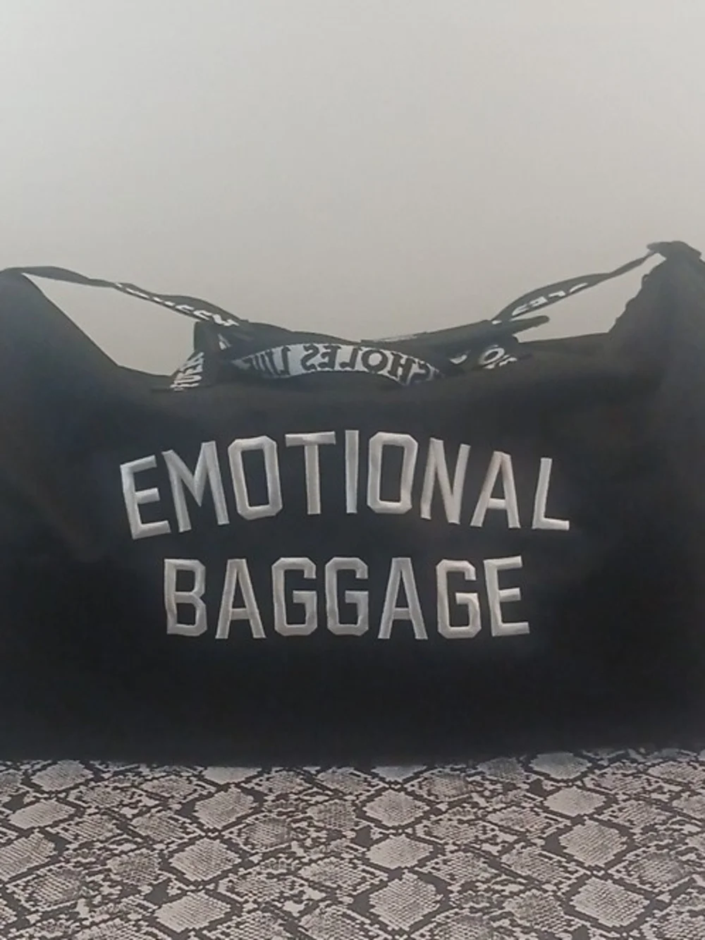Black Men's Duffel Bag with 'Emotional Baggage' Embroidered Script